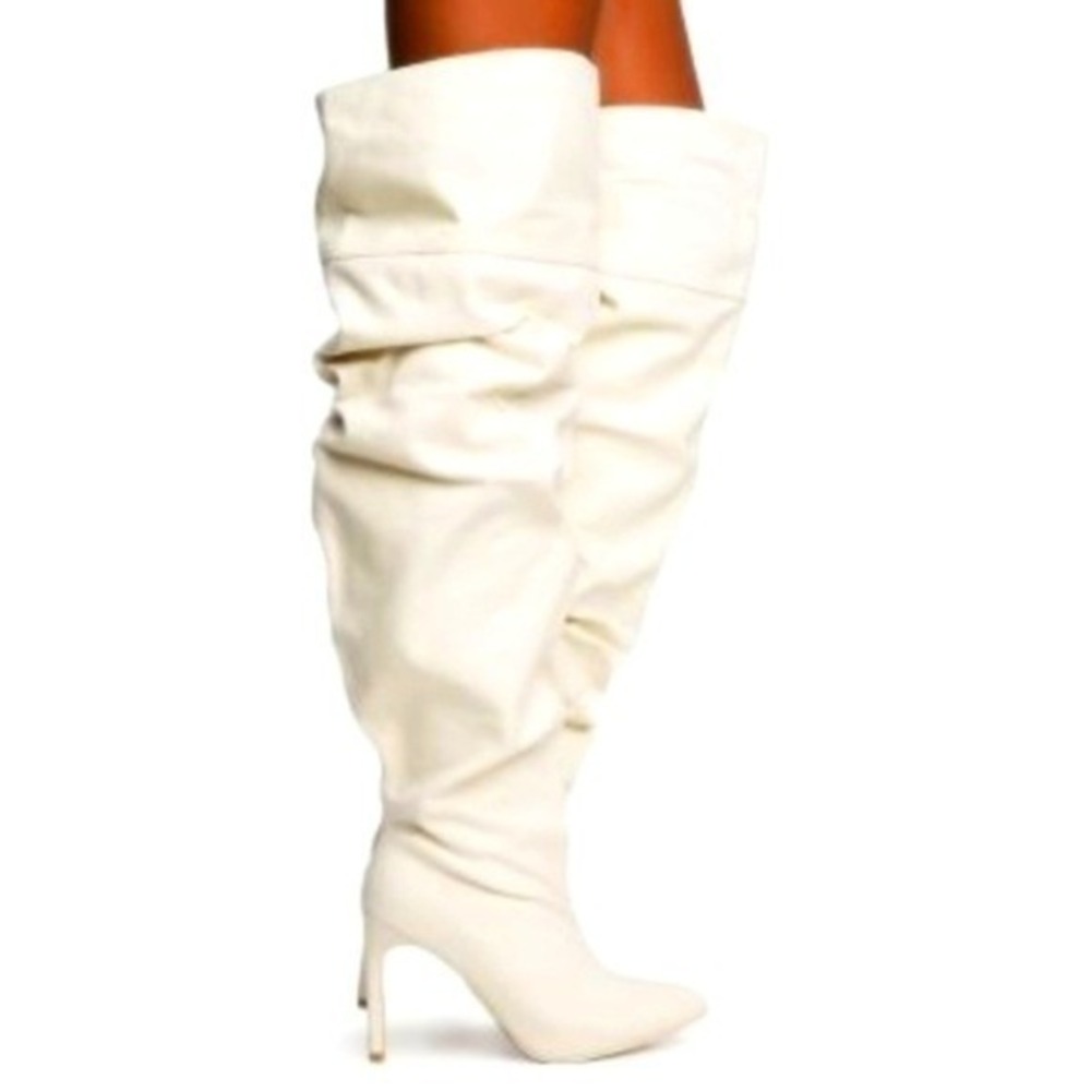 Y2K Coquette Slouch Thigh High Stiletto Boots White Cape Robbin Kitana 7.5 NWOB